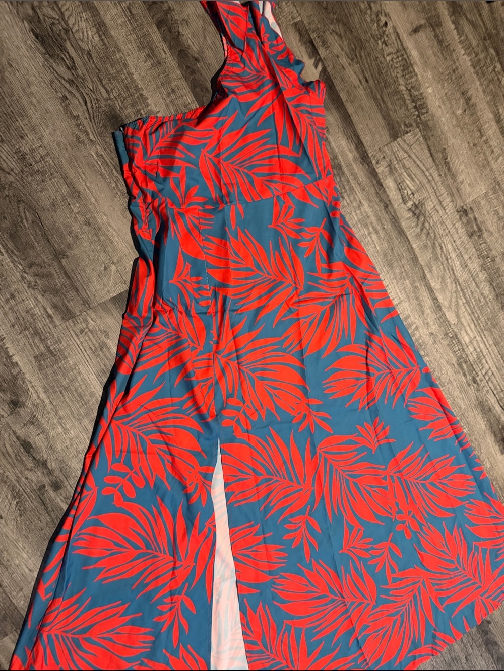 Source Unknown Teal One-Shoulder Dress with Coral Leaf Print